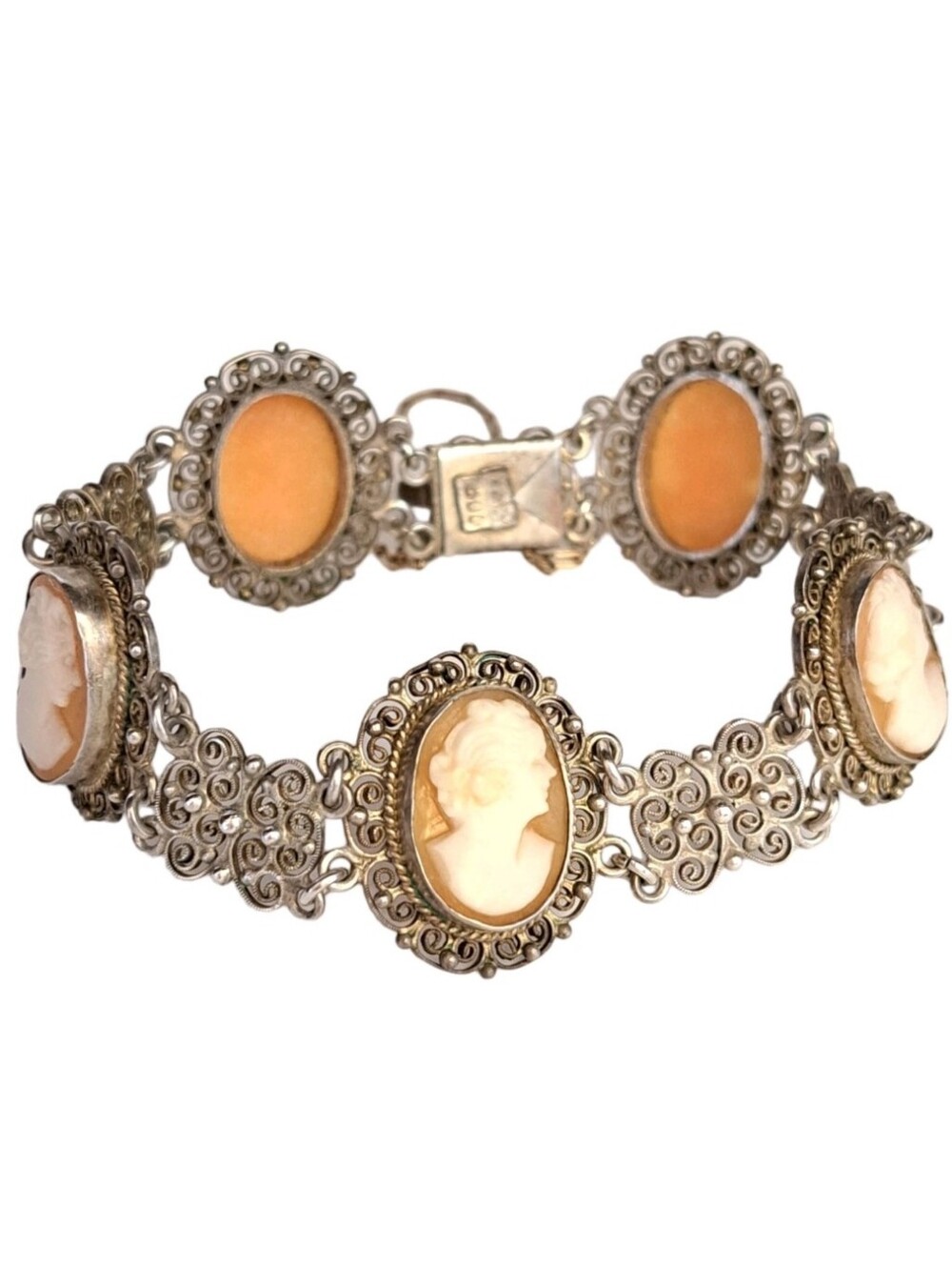 Antique Cameo Panel 800 Silver Bracelet Filigree Italy Marked